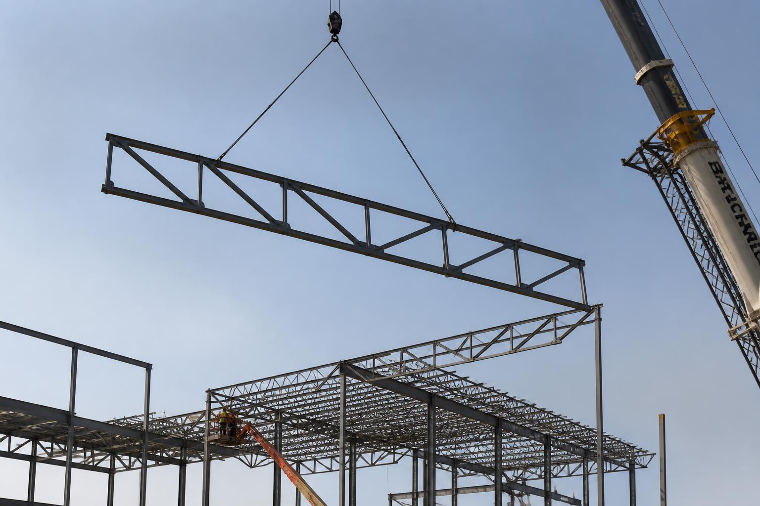 Steel roof truss lifted by crane