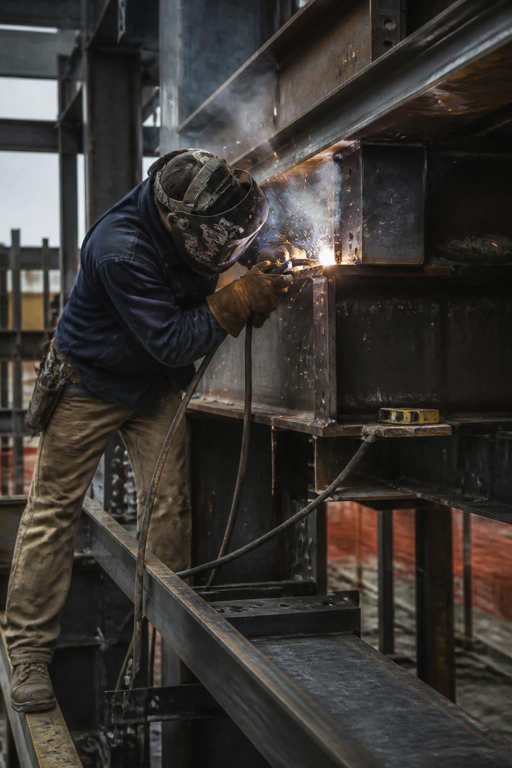Welder welding I-beam structure